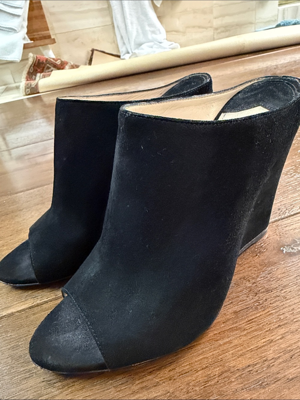 Prada - Women’s Black Suede Peep-Toe Wedge Bootie Mules Heel - Size: 38 - Picture 12 of 12